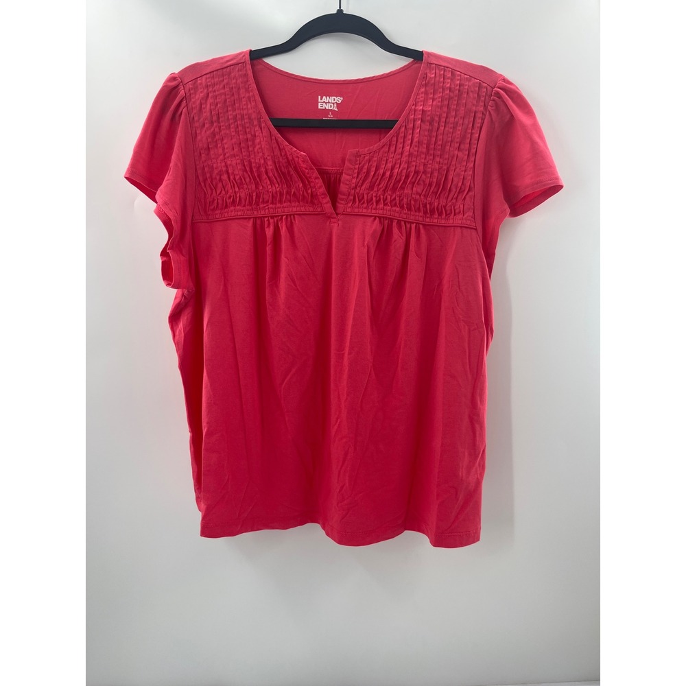 Lands End Womens Pintuck Pleated Split Neck Short Sleeve Knit Top Pink L 14-16